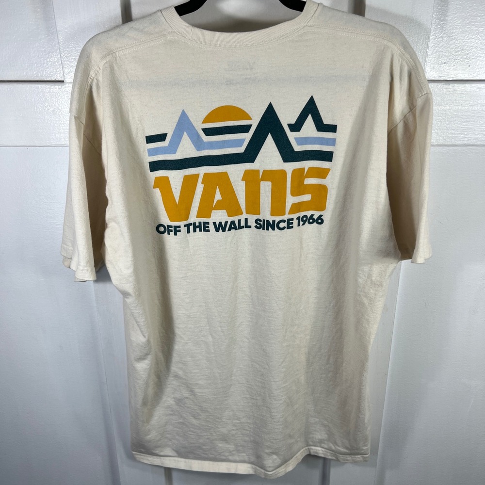Vans Off The Wall Mens XL Cream Graphic T-Shirt Mountain Sun Logo Classic Fit